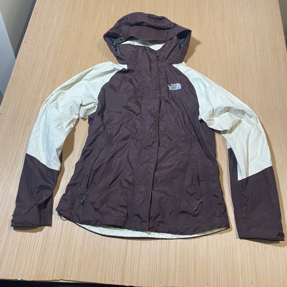 The North Face HyVent Rain Jacket Womens Small Brown Cream Colorblock Hooded